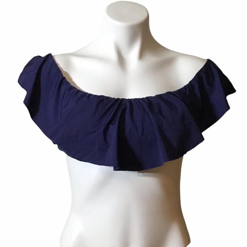 Trina Turk Monaco Off-The-Shoulder Ruffle Bandeau Bikini Top Swimsuit Navy 4 NWT